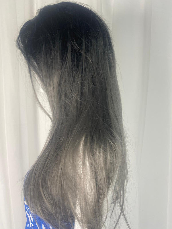 Femme Luxe BLACK AND SILVER Mix Long Straight Hair Synthetic LACE FRONT WIG- Tulip