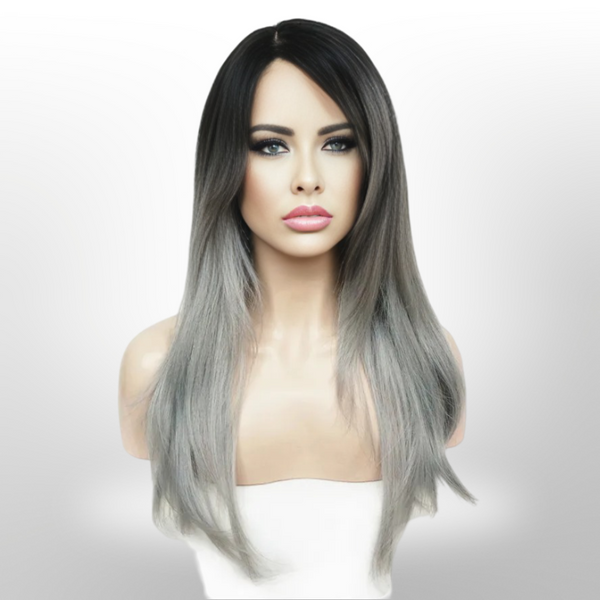 femme luxe BLACK AND SILVER Mix Long Straight Hair Synthetic LACE FRONT WIG- Tulip