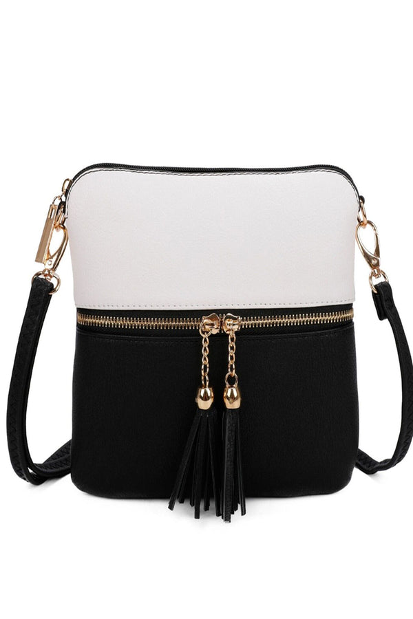 femme luxe Black And White Tassel Crossbody Bag - Simone