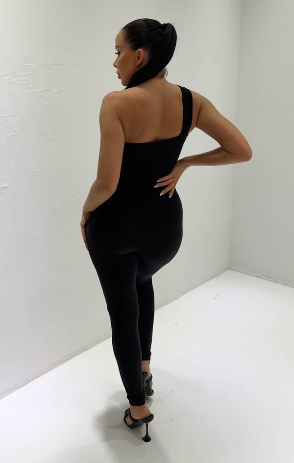 Femme Luxe Black Asymmetric Shoulder Cut Out Jumpsuit - Luna