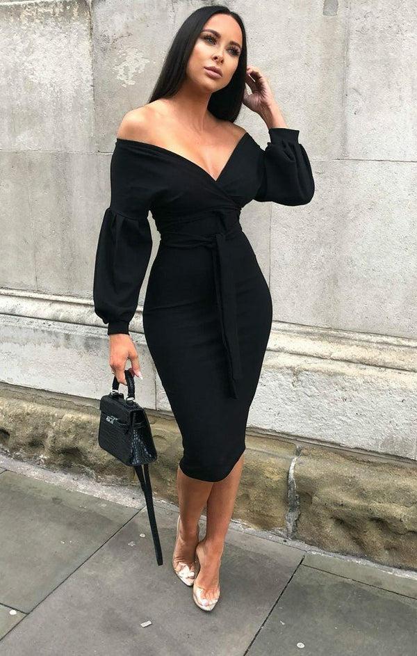 Femme Luxe Black Belted Bodycon Midi Wrap Dress - Angelica