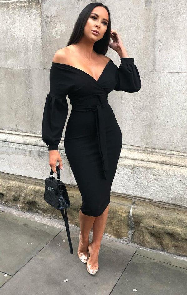 femme luxe Black Belted Bodycon Midi Wrap Dress - Angelica