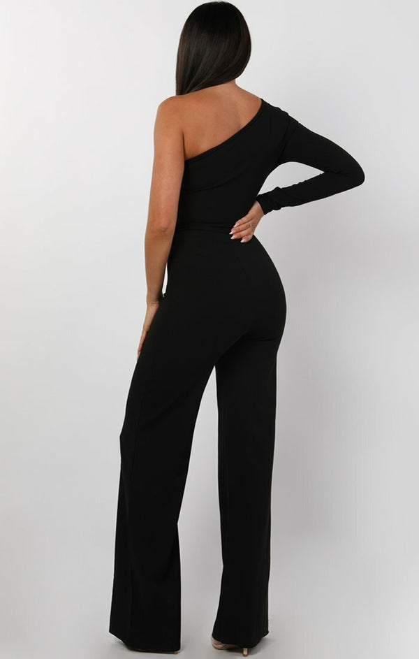 Femme Luxe Black Belted One Shoulder Jumpsuit - Evelyn