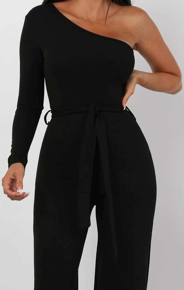 Femme Luxe Black Belted One Shoulder Jumpsuit - Evelyn