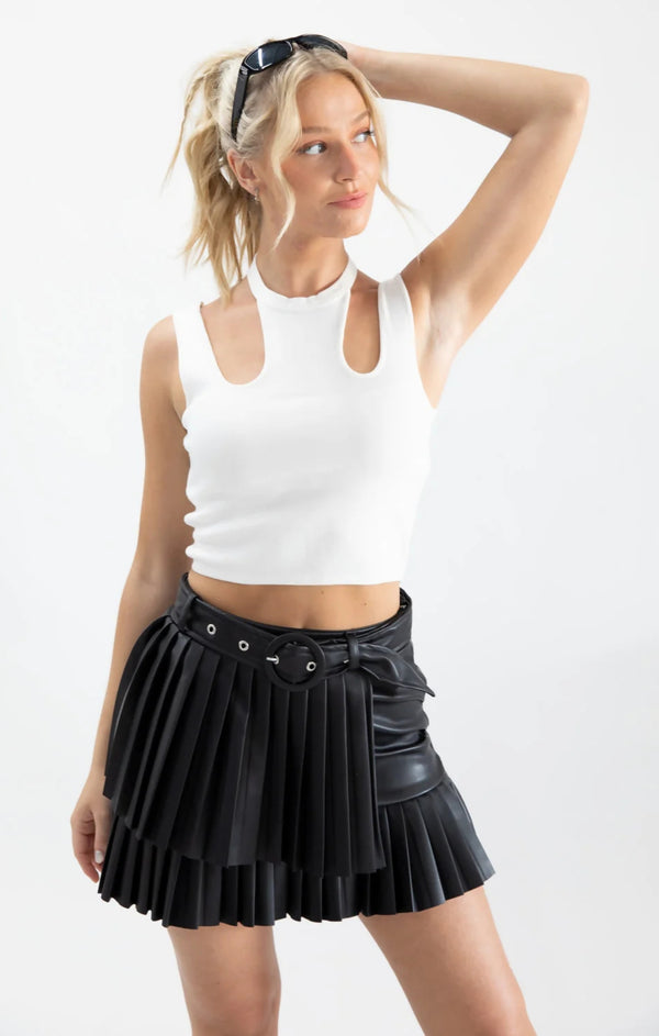 Femme Luxe Black Belted Pleated Faux Leather Skirt - Soretta