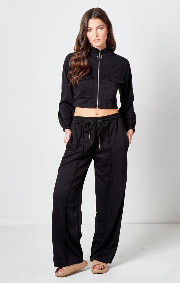 Femme Luxe Black Bomber Jacket Straight Leg Jogger Loungewear Set - Tina