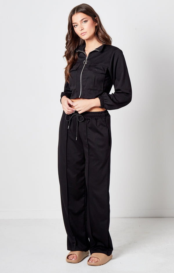 Femme Luxe Black Bomber Jacket Straight Leg Jogger Loungewear Set - Tina