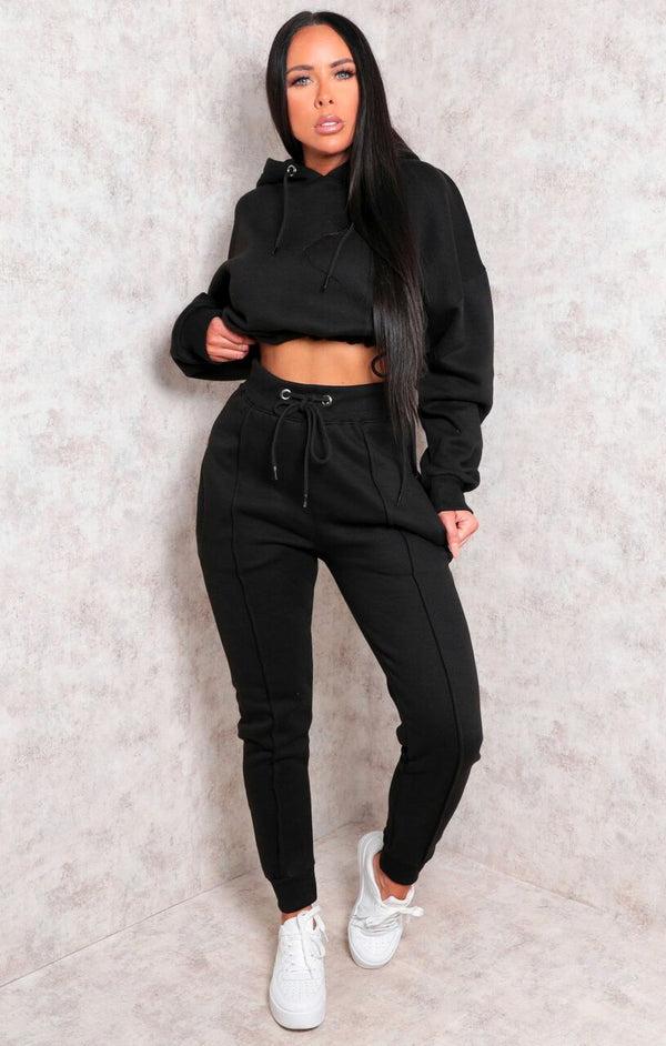 Femme Luxe Black Boxy Cropped Hoodie Cuffed Joggers Loungewear Set - Cailleigh