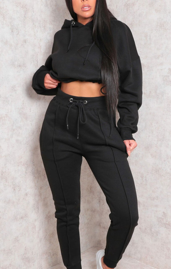 Femme Luxe Black Boxy Cropped Hoodie Cuffed Joggers Loungewear Set - Cailleigh