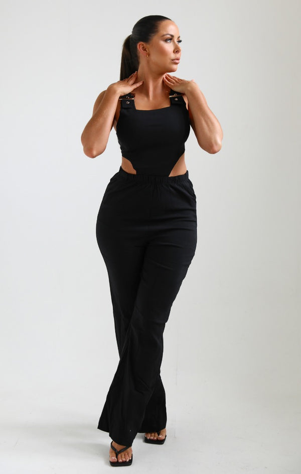 Femme Luxe Black Buckle Strap Cut Out Jumpsuit - Geena