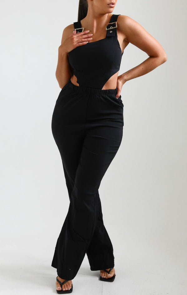 femme luxe Black Buckle Strap Cut Out Jumpsuit - Geena