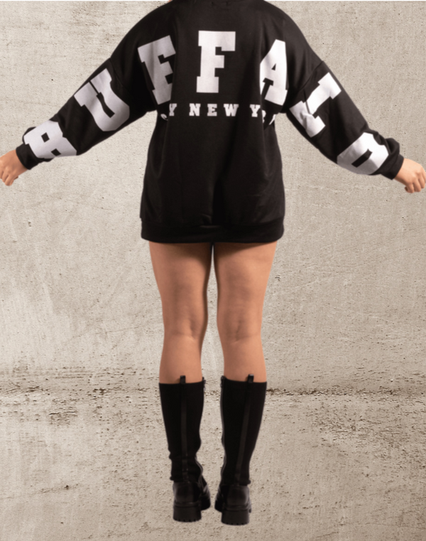 Femme Luxe Black 'Buffalo' Slogan Print Batwing Long Sleeve Oversized Mini Jumper Dress - Violetta