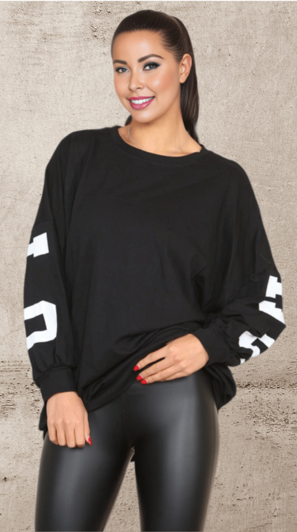 femme luxe Black 'Buffalo' Slogan Print Batwing Long Sleeve Oversized Mini Jumper Dress - Violetta