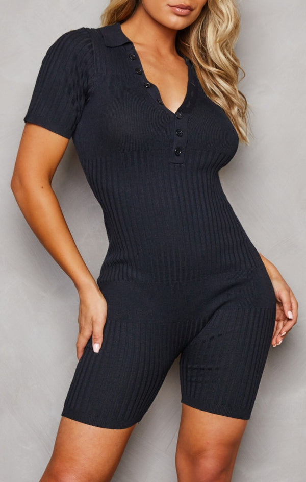 Femme Luxe Black Buttoned Up Short Sleeve Ribbed Playsuit - Allegra