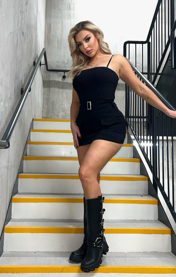 femme luxe Black Cargo Pocket Belted Skort Playsuit - Soraya