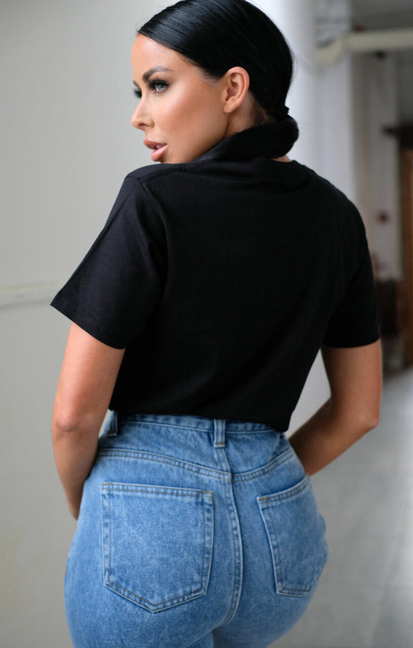 Femme Luxe Black ‘CG’ Slogan Box Print Oversized Crew Neck Short Sleeve T-Shirt - Aubrey