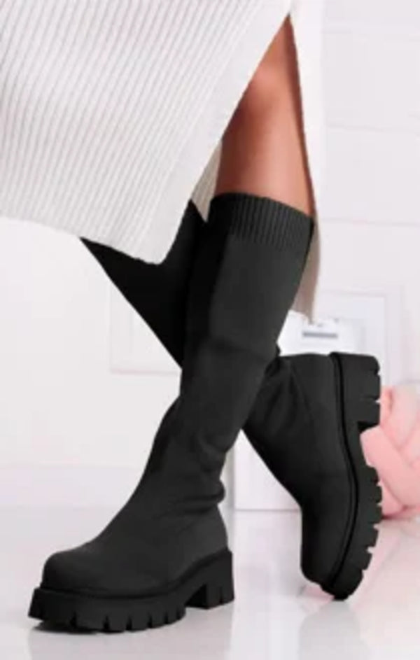 Femme Luxe Black Chunky Platform Knee High Boots - Miriana