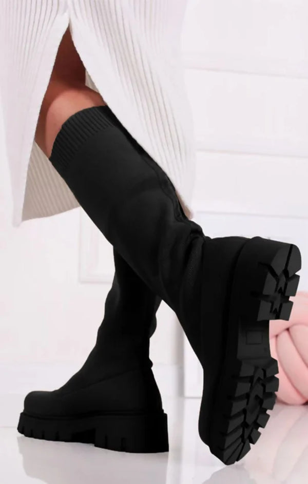 Femme Luxe Black Chunky Platform Knee High Boots - Miriana