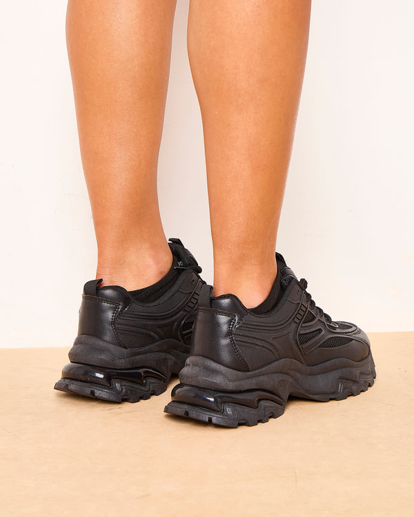 Femme Luxe Black Chunky Platform Lace Up Trainers - Guinevere