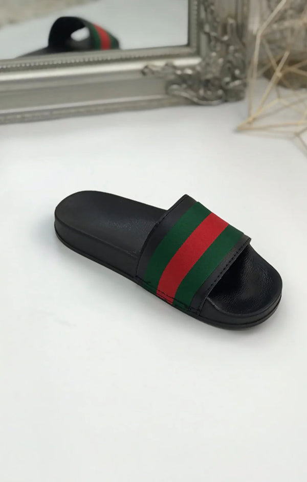 Femme Luxe Black Chunky Style Striped Sliders - Vickie