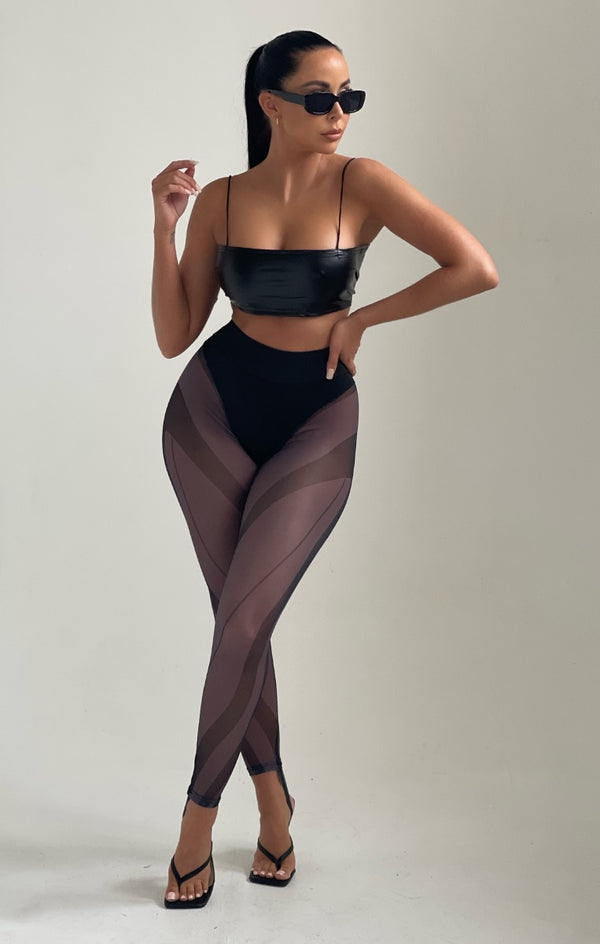 femme luxe Black Contour Detail Mesh Leggings - Josie