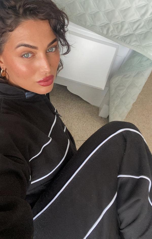 Femme Luxe Black Contrast Striped Stand Collar Sweatshirt With Wide Leg Trouser - Elara