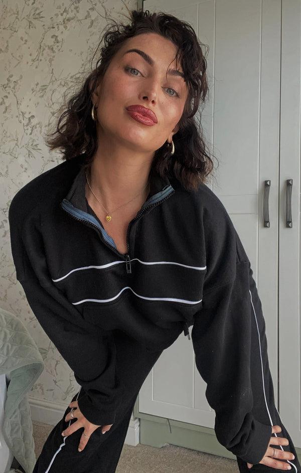 Femme Luxe Black Contrast Striped Stand Collar Sweatshirt With Wide Leg Trouser - Elara