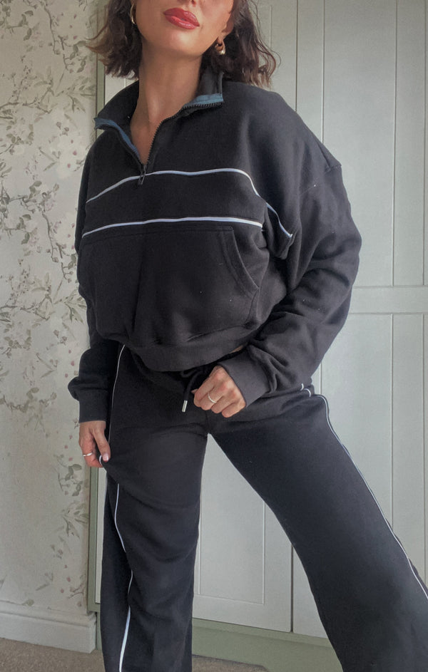 Femme Luxe Black Contrast Striped Stand Collar Sweatshirt With Wide Leg Trouser - Elara