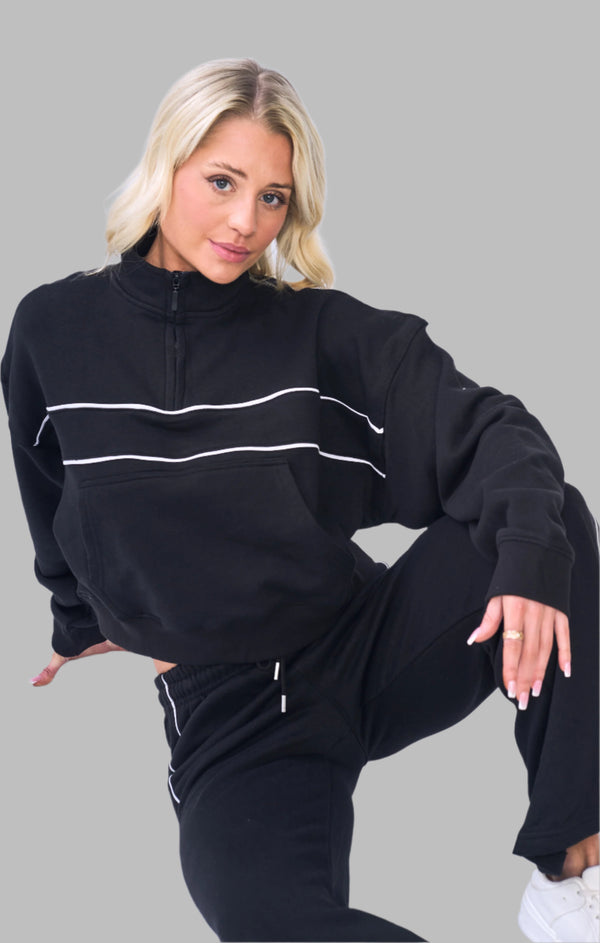 femme luxe Black Contrast Striped Stand Collar Sweatshirt With Wide Leg Trouser - Elara