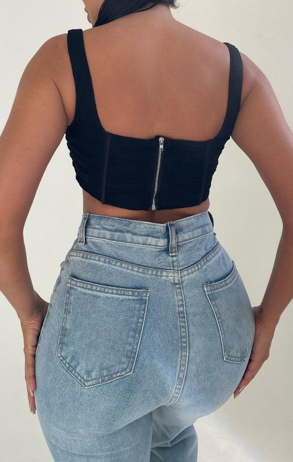 Femme Luxe Black Corset Style Curved Hem Strappy Crop Top - Flavia