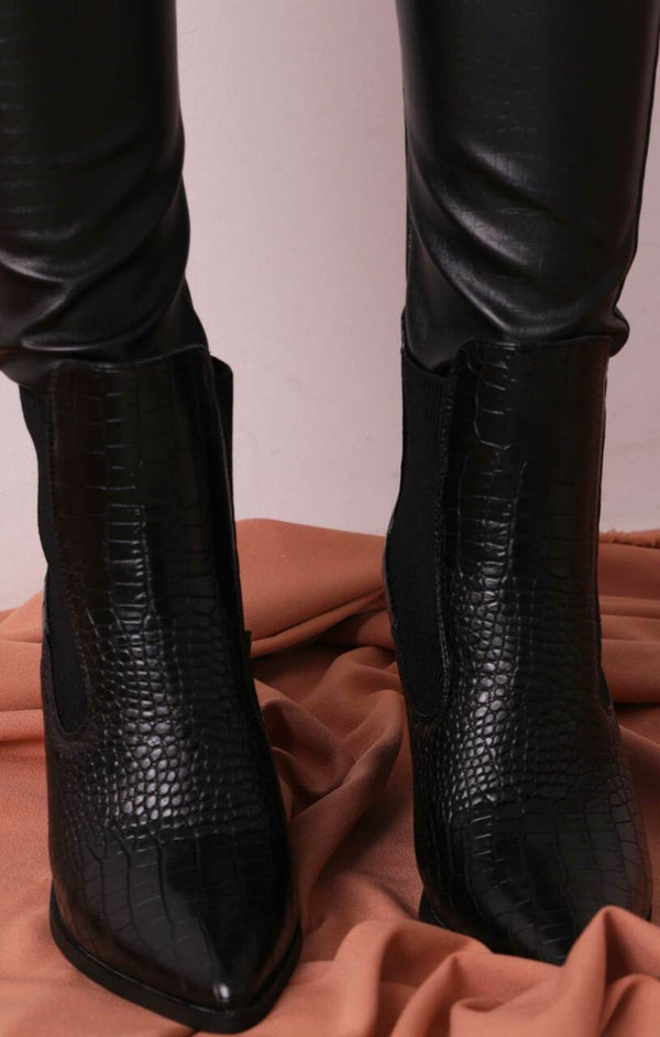 Femme Luxe Black Croc Textured Pointed Toe Chunky Block Heel PU Faux Leather Ankle Boots - Gabrielle