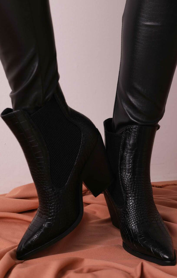 Femme Luxe Black Croc Textured Pointed Toe Chunky Block Heel PU Faux Leather Ankle Boots - Gabrielle