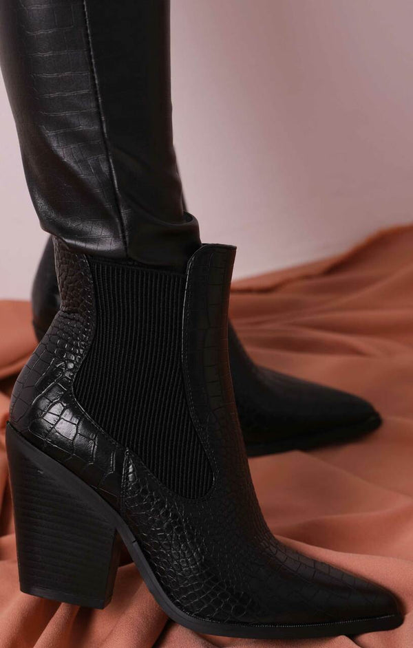 femme luxe Black Croc Textured Pointed Toe Chunky Block Heel PU Faux Leather Ankle Boots - Gabrielle