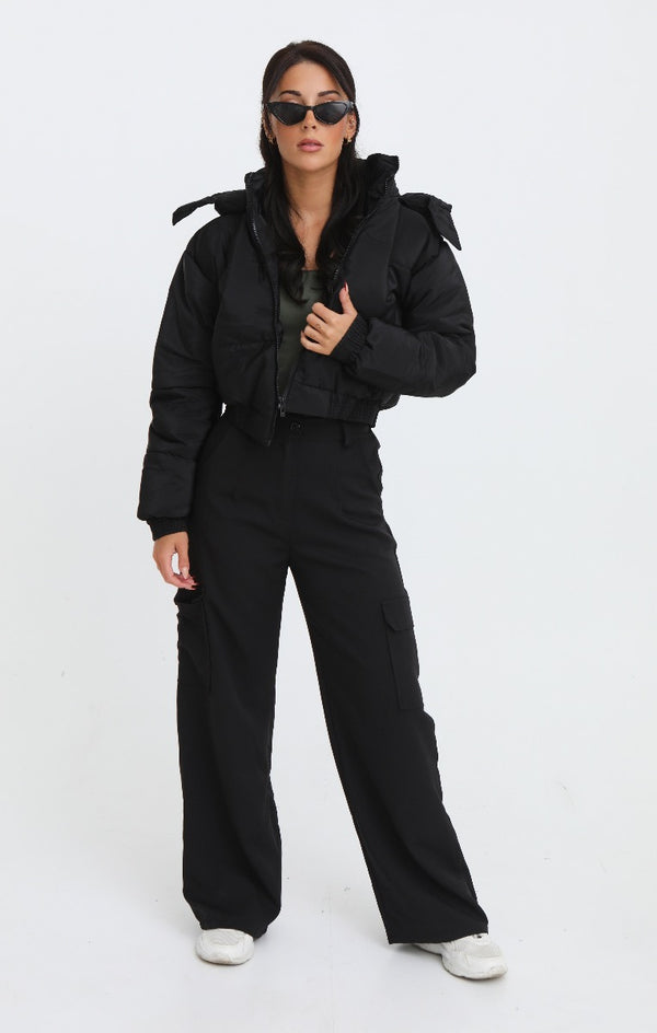 Femme Luxe Black Cropped Padded Long Sleeve Zip Front Shower Proof Jacket - Harper