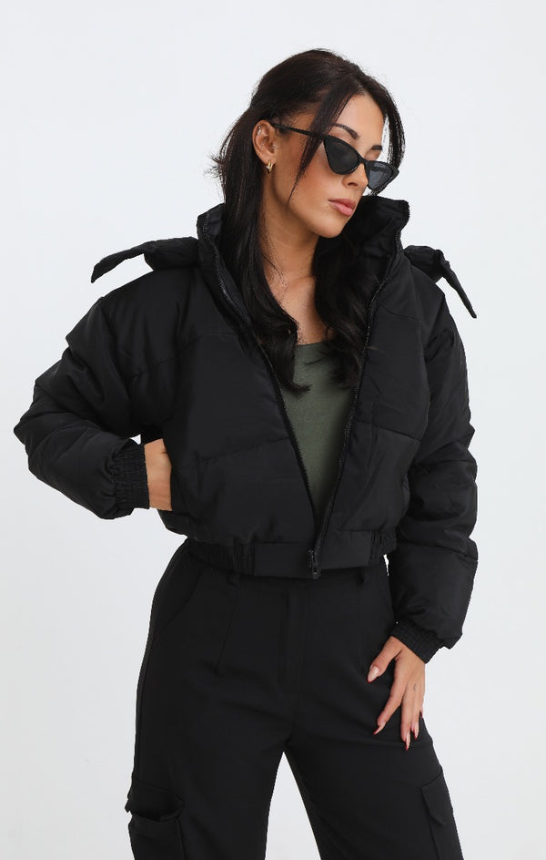 Femme Luxe Black Cropped Padded Long Sleeve Zip Front Shower Proof Jacket - Harper