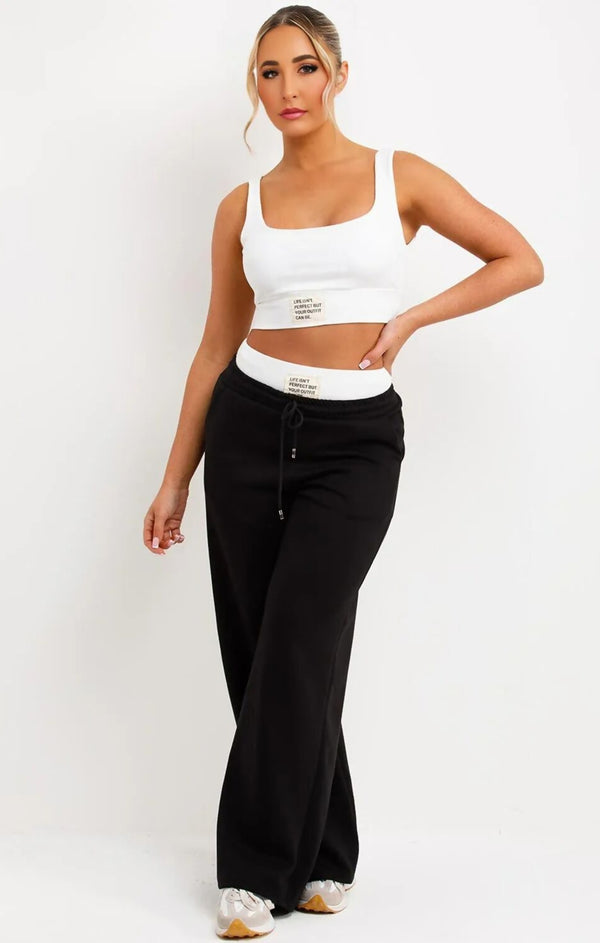 femme luxe Black Cropped Sleeveless Ribbed Top with Contrast Wide Leg Trousers Co ord Set - Skyla