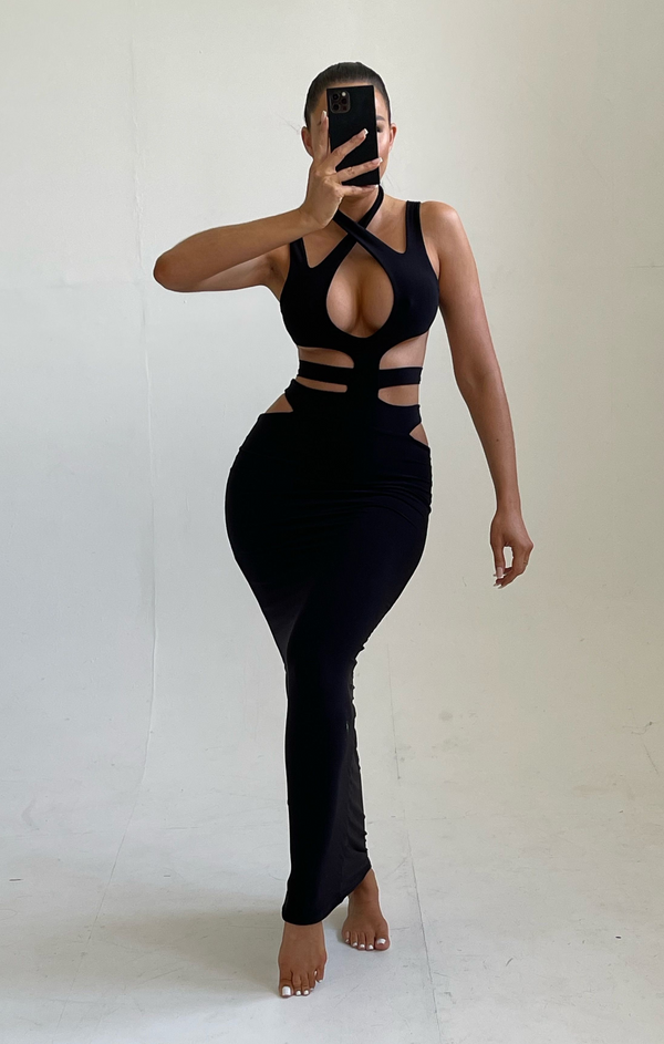 femme luxe Black Cross Over Plunge Cut Out Maxi Dress - Gabrielle