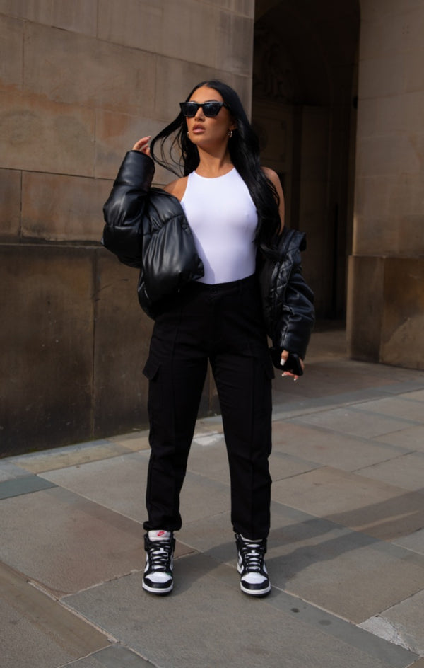 femme luxe Black Cuffed Front Seam Cargo Trousers - Lulu