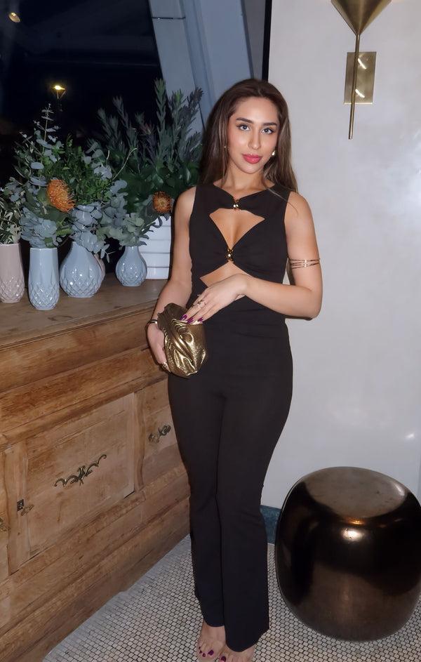 Femme Luxe Black Cut Out Gold Detail Sleeveless Jumpsuit - Traci