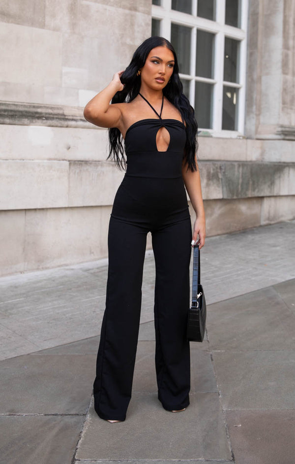 femme luxe Black Cut Out Halter Neck Jumpsuit- Carla