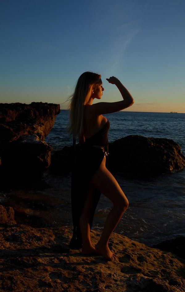 Femme Luxe Black Cut Out Metal Detail High Neck Thigh Split Maxi Dress - Ariana