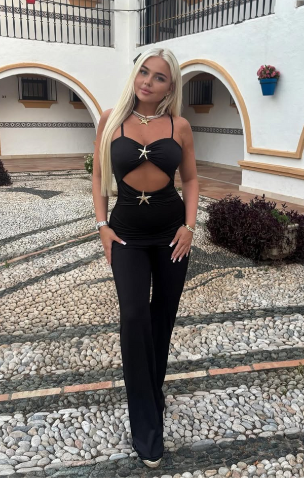 femme luxe Black Cut Out Strappy Gold Detail Wide Leg Jumpsuit - Celia