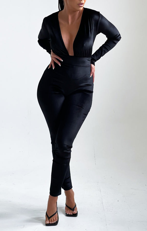 Femme Luxe Black Deep Plunge Tie Waist Velvet Jumpsuit - Alina