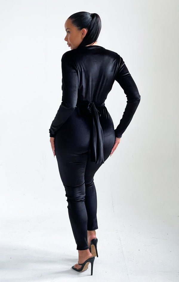 Femme Luxe Black Deep Plunge Tie Waist Velvet Jumpsuit - Alina