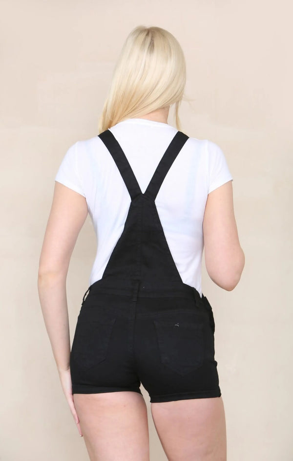 Femme Luxe Black Denim Roll Up Hem Short Dungarees - Cindy