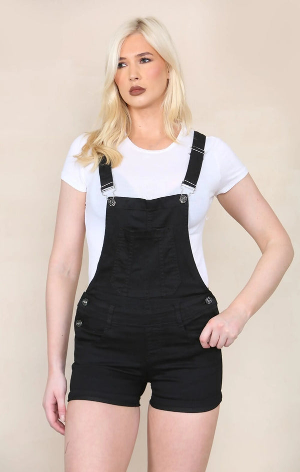 femme luxe Black Denim Roll Up Hem Short Dungarees - Cindy