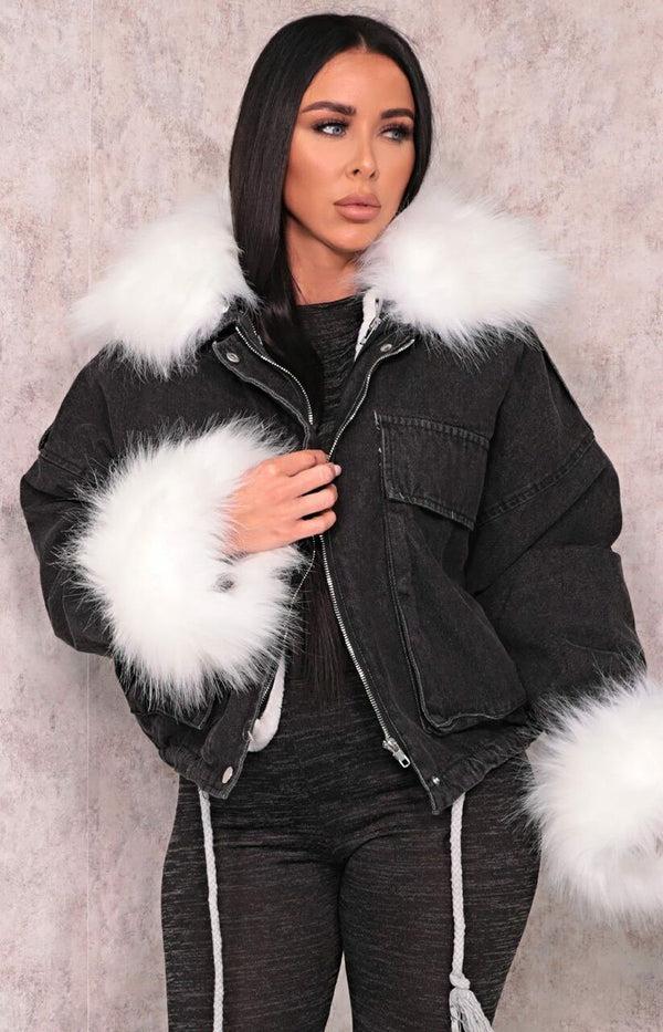 Femme Luxe Black Denim White Faux Fur Fluffy Oversized Jacket - Sacha
