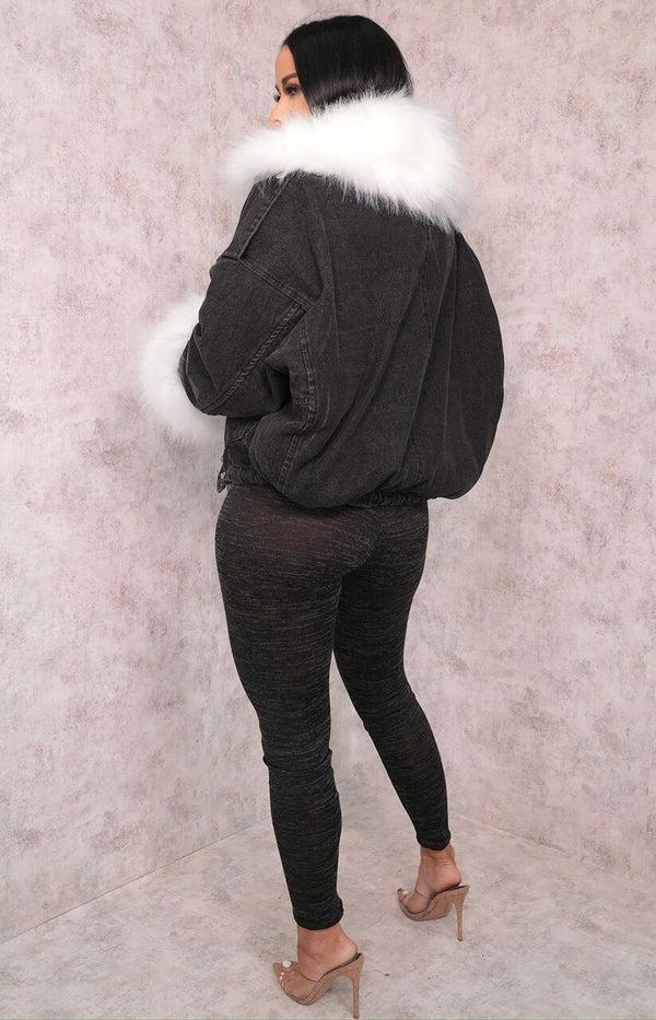 Femme Luxe Black Denim White Faux Fur Fluffy Oversized Jacket - Sacha
