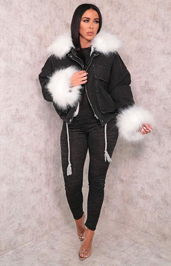 Femme Luxe Black Denim White Faux Fur Fluffy Oversized Jacket - Sacha