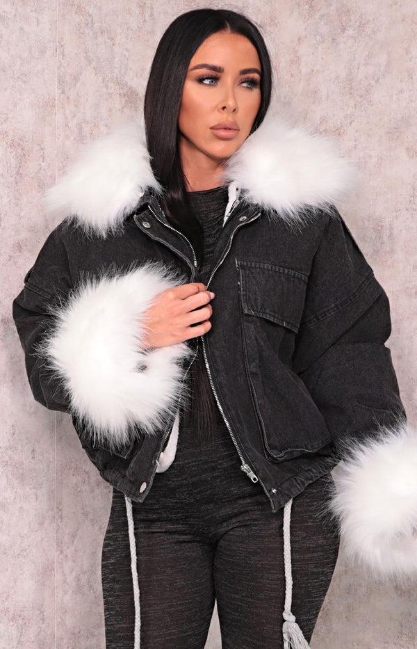 femme luxe Black Denim White Faux Fur Fluffy Oversized Jacket - Sacha